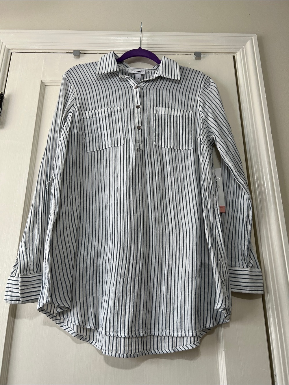 Liz Lang women's maternity White Button-Down Shirt with Navy Stripes